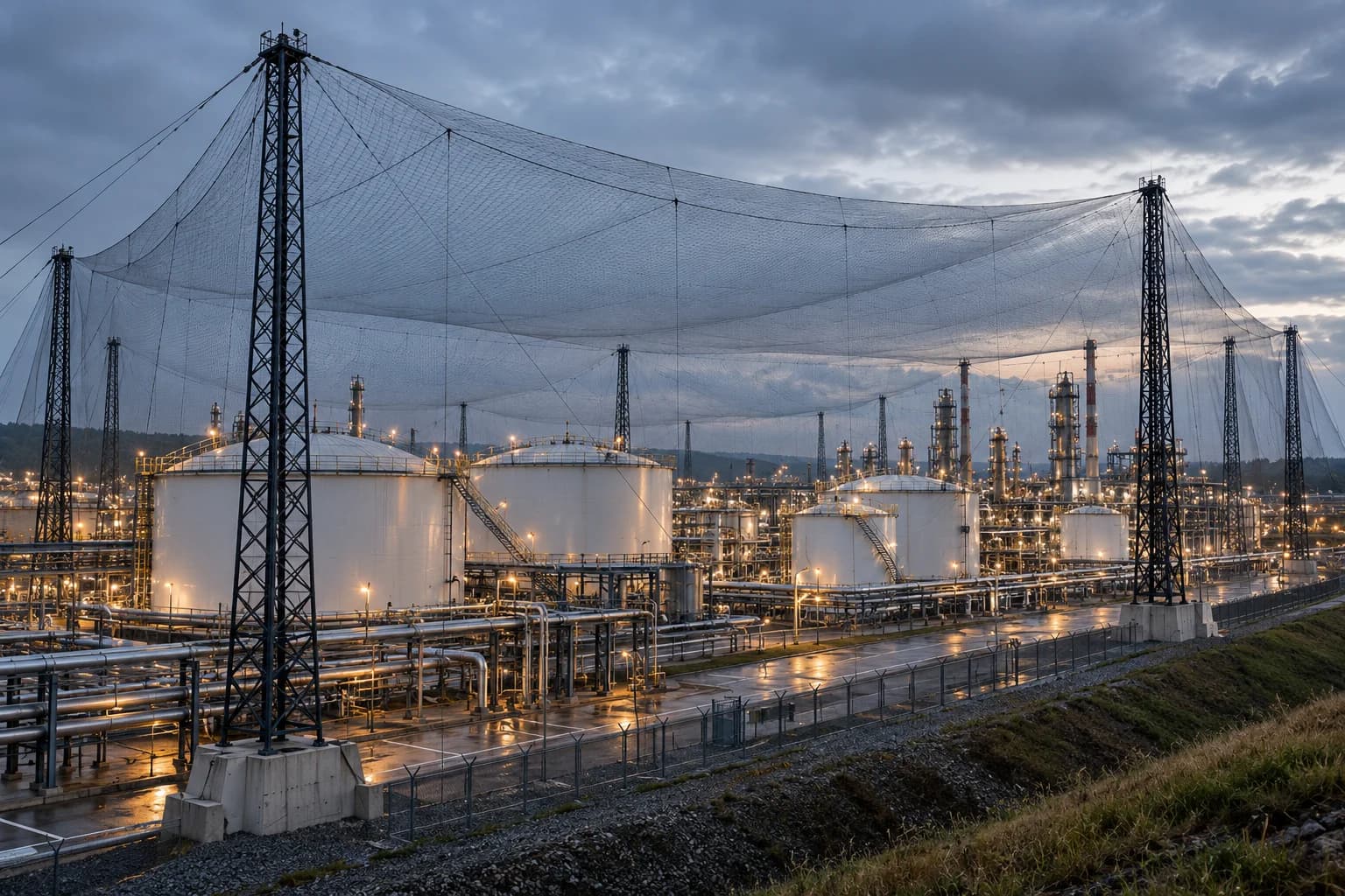 Нефтяной терминал с резервуарами под защитным сетчатым куполом на стальных мачтах